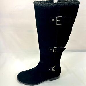 ALFANI VERMONT SUEDE LEATHER‎ SHEARLING TRIPLE BUCKLE RIDING BOOT WOMEN 7 BLACK